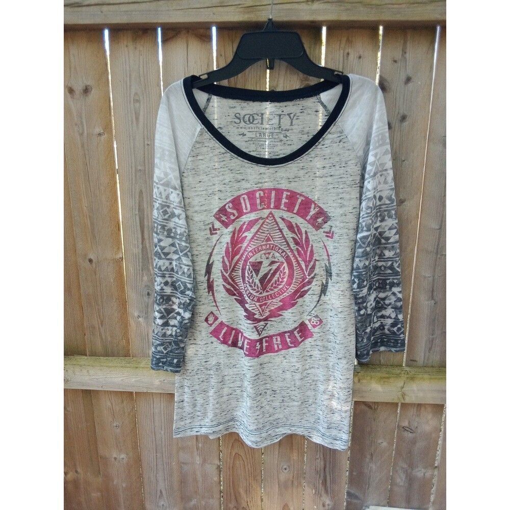 Women's Top Large by American Society Long Sleeve Gray & Pink Rustic Sheerish